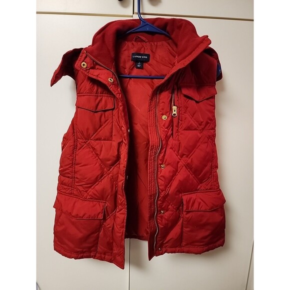 Lands' End Jackets & Blazers - Lands End Womens sz Small Goose Down  red Puffer Vest With Hood preppy outdoors